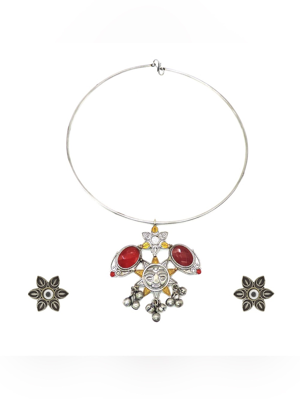 Handcrafted Silver-Tone Red Pendant Necklace with Matching Earrings - Unbranded